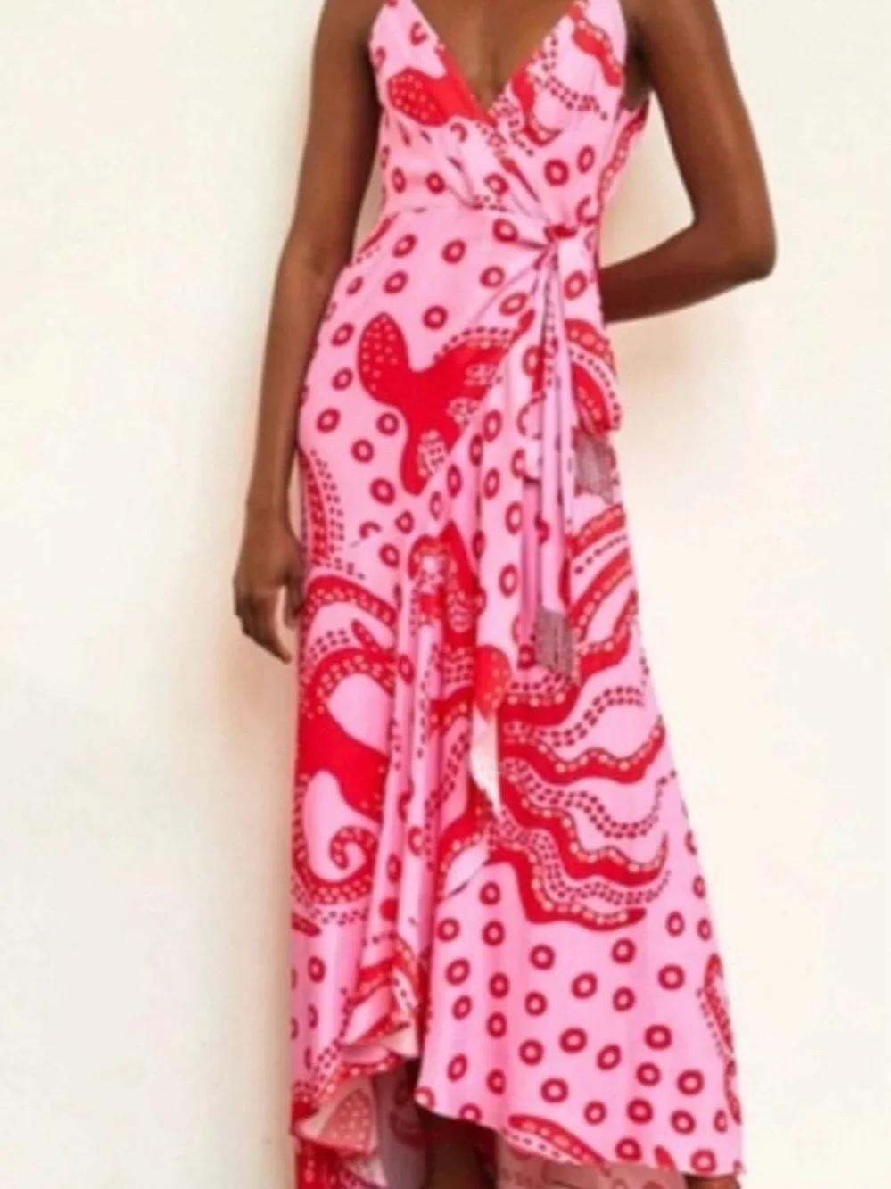 Farm Rio Sleeveless Pink & Red Wrap-Style High-Low Maxi Dress